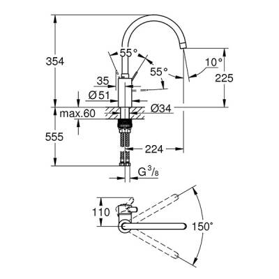 Grohe Eviye Bataryası Döner Borulu Eurosmart Cosmo Krom - 2