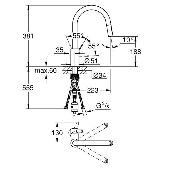 Grohe Eviye Bataryası Spiralli 2 Fonk. EuroCosmo Krom- 31481001 - 2
