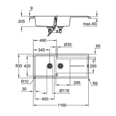 Grohe K400 Kompozit Eviye 60 -C 116/50, Granit Gri - 31643AT0 - 2