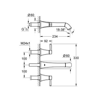Grohe Lavabo Bataryası Duvar. 3 Delikli Grandera Krom - 20415000 - 2